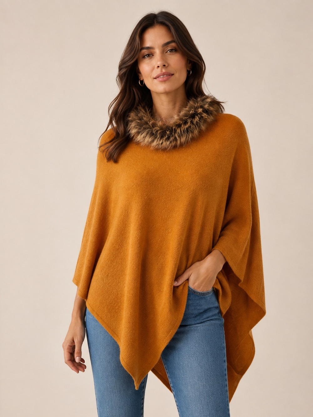 NEW! LA MAREY 100% Cashmere Poncho Fur Trim One Size Fits Most